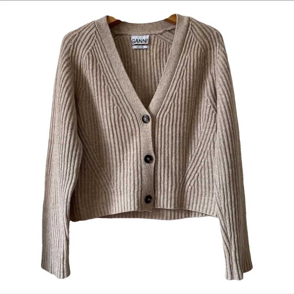 Ganni Beige Ribbed V‑Neck Button Cardigan